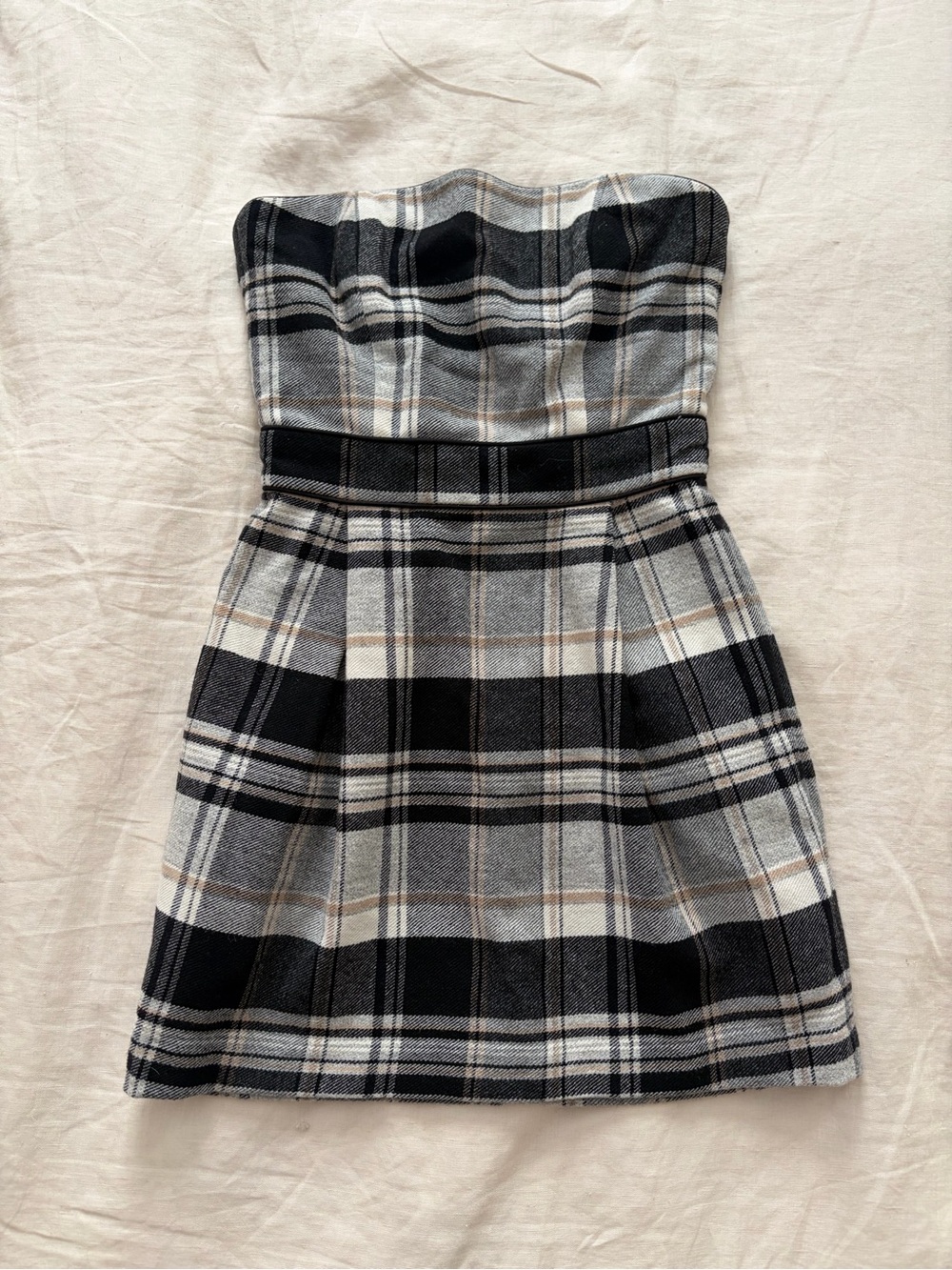 French Connection Strapless Plaid Mini Dress in Black, Gray and Cream